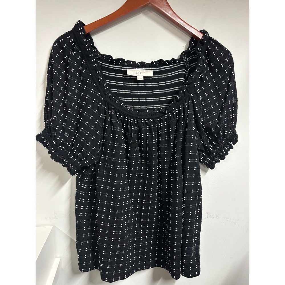 Loft Women Black White Clip Dot Striped Ruffle Neck Puff Sleeve Blouse Size M